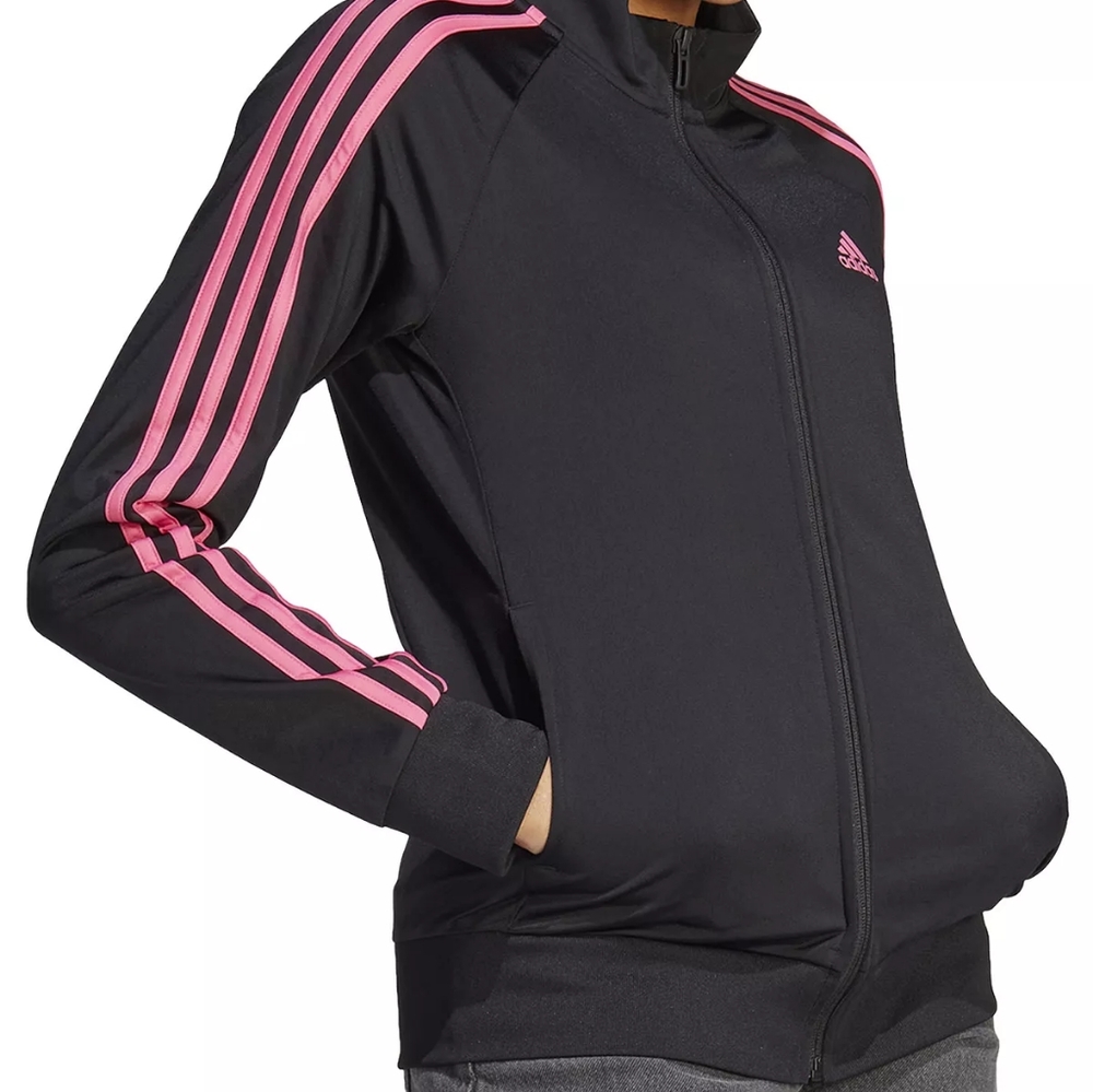 Black Adidas Track Jacket with Pink Striped Sleeves